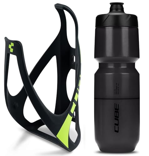 Cube HPP Cage - Matt Black/Green & Flow Bottle - Black, 750ml / Water Drink Flask Vessel Bidon Holder Mount Bracket Kit Lightweight Plastic Drinking Hydration Biking Bike Riding Frame Accessories