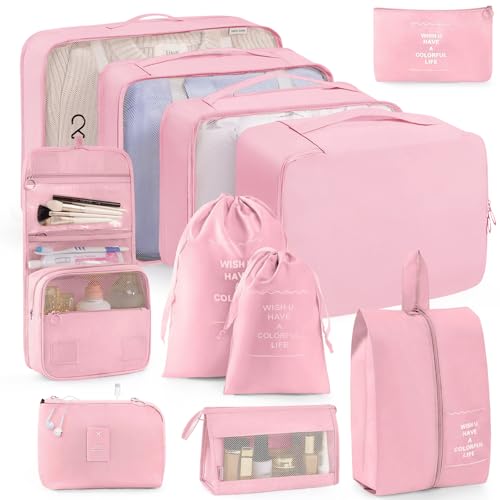 Packing Cubes 11 PCS, Mesh Breathable Luggage Organizers Bags, Packing Organizers, Durable Travel Essentials Bags Set, Travel Packing Organizers, Pink