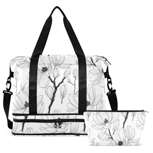 Flower Line White Travel Duffel Bag for Women Men Gym Bag with Shoe Compartment Wet Pocket Carry On Weekender Overnight Bags for Airline Travel Under Seat