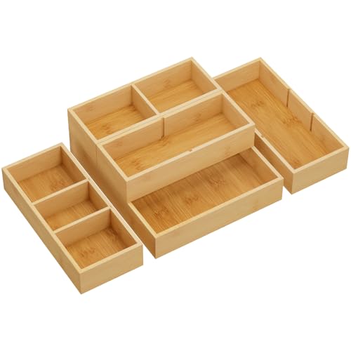 Lifewit 5 pcs Bamboo Drawer Organiser(11 Grid) with 6 Inserts, Adjustable Desk Drawer Dividers Trays, Stackable Wood Storage Boxes for Stationery, Makeup, Kitchen Utensils in Office/Bathroom/Bedroom