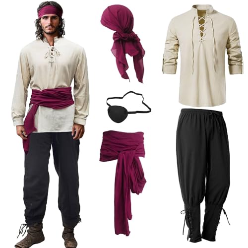 Ginkago Deguisement Pirate Homme et Femme avec Ceinture Bandana Cache Oeil Pirate CostumeHomme Chemise Pirate Homme pour Adulte Halloween Carnaval Anniversaire Pirate (Rouge, L)