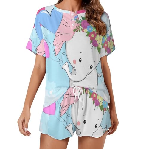 Pyjama éléphant femme manches courtes vêtement de nuit ete sleepwear confortable deux pièces