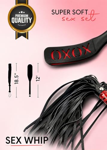 Image of Black Flogger Whip 18 inch Adult Spanking Paddle 12 inch - BDSM Sex Set - Flogger Spanking Sex Soft - Sex Paddles for Spanking - Adult BDSM Flogger Paddle Set