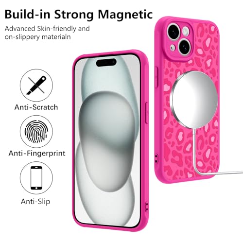Image of KANGHAR Case for iPhone 15 Plus Hot Pink Leopard Printed Pattern | Cute Cheetah [Compatible with Magsafe] Protective Magnetic Case for Girls Women 6.7 inch