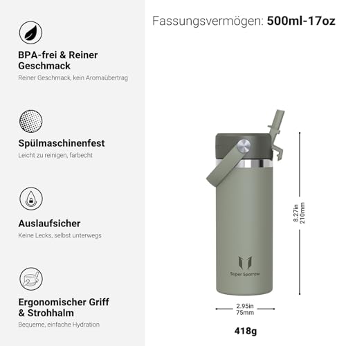 Sparrow Kinder Trinkflasche Edelstahl 500ml Thermosflasche mit Strohhalm – Ansicht 3