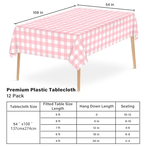 Image of 12 Pcs Pink Gingham Tablecloth 54 x 108 Inches Pink and White Checkered Table Cloth Disposable Plastic Waterproof Tablecover for Outdoor Picnic, Birthday Party, Holiday Dinner