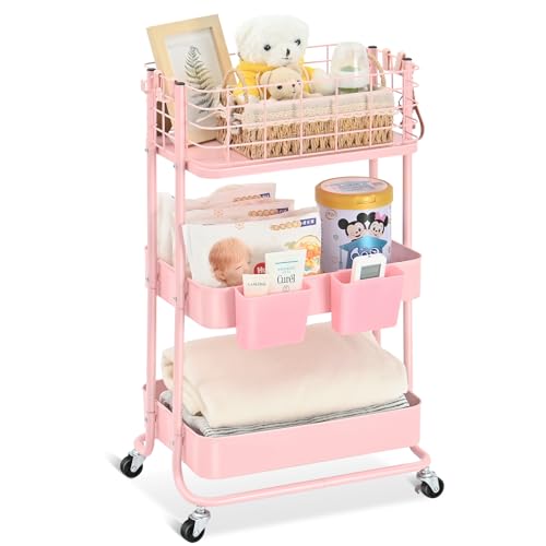 Image of KINGRACK 3 Tier Utility Rolling Cart, Metal Storage Cart with Lockable Wheels, Multifunctional Storage Organizer Trolley with Mesh Baskets for Kitchen, Living Room, Office, Bathroom, Garage, Pink