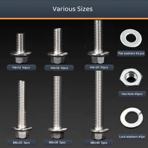 Image of M6-1.0 x 12 /16 /20 /30 /45 Flange Hex Bolt Assortment Kit, 180pcs Stainless Steel Metric Flange Head Bolts and Nuts Set.