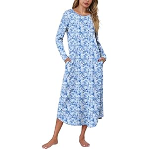 Marvmys Women Long Sleeve Nightgowns Round Neck Long Nightshirts with Pocket Sleepwears S-3XL X-Large Blue Small Flowers