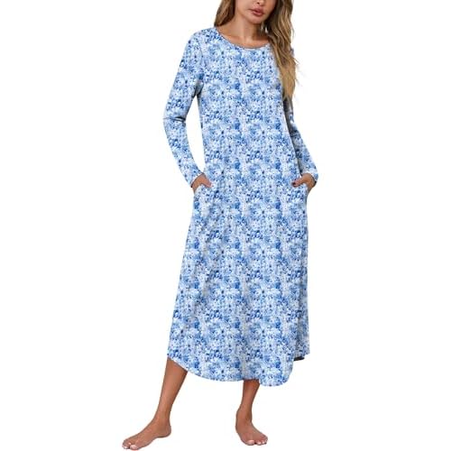 Marvmys Women Long Sleeve Nightgowns Round Neck Long Nightshirts with Pocket Sleepwears S-3XL Medium Blue Small Flowers