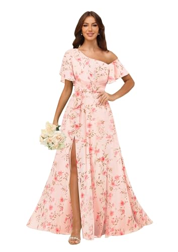 Image of One Shoulder Bridesmaid Dresses for Women with Pockets Short Sleeve Ruffled Chiffon Formal Evening Gowns