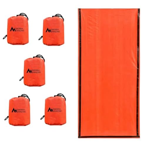 Sierra Madre Emergency Sleeping Bag – Ultralight, Waterproof Mylar Thermal Bivy Sack Tent for Hiking, Bug-Out Bags, Survival Kits – Emergency Survival Space Blanket for Heat Retention 5 Pack