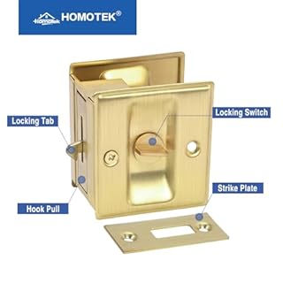 HOMOTEK 1 Pack Privacy Sliding Door Lock with Pull - Replace Old Or Damaged Pocket Door Locks Hardware Quickly and Easily, 2-3/4”x2-1/2”, for 1-3/8” Thickness Door,Brushed Brass