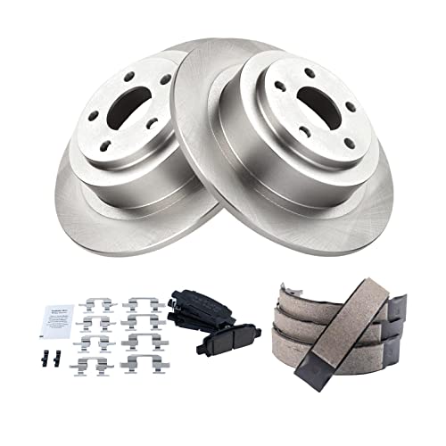 Image of TRQ Rear Brake Pad and Rotor Set Ceramic Parking Brake Shoe Compatible with 2003-2006 Subaru Baja 2001-2004 Legacy 2003-2004 Outback
