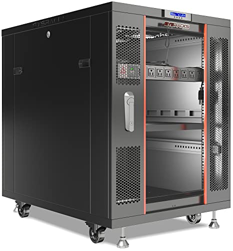 Image of 18U Server Rack Cabinet, 39 inch Deep, Glass Door, 19-Inch | Cooling fans, PDU, shelf, casters, leveling feet, cable entry brushes