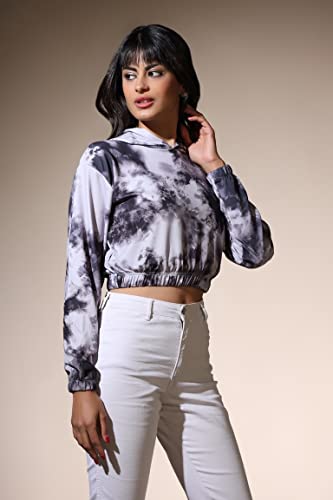 Image of Leriya Fashion Tops for Women | Stretchable Lycra Tie-Dye Print Hoodie Neck Short Western Tops for Girls | Hoodies with Loose Fit Ladies Top | Perfect for Casual | Travel