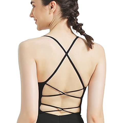 HUEGLO Women's Padded Crossback Backless Yoga Sports Bra Gym Tops Spaghetti Straps Back Ribbed Cross Bustier Without Underwire Breathable Sports Bra with Removable Cups Schwarz-M Cover
