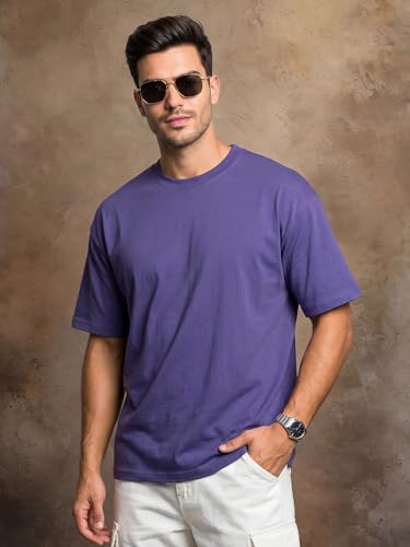 Image of Veirdo Oversized Baggy Fit Drop Shoulder Half Sleeves Round Neck Solid Pure 100% Cotton T-Shirt for Men (Available in White, Black, Mustard, Maroon, Green, Lilac, Navy, Red Color)