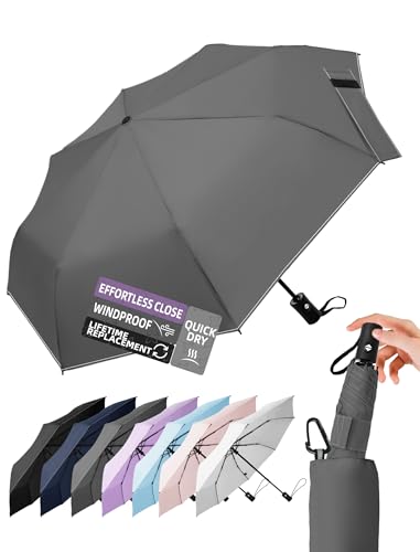 Image of LILAC Umbrella Small Stable Windproof 110 cm Pocket Umbrella Open-Close Compact Travel Umbrella with Fastener & Carabiner, Lightweight Folding Umbrella for Men and Women