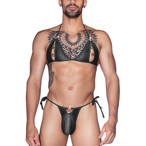 Greenery-GRE Mens Sexy Satin Lingerie Set Exotic Bra Thong Briefs Crossdresser Underwear Outfit Nightwear Clubwear Roleplay2
