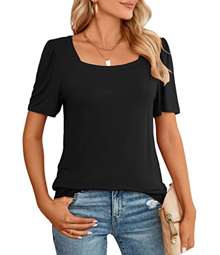 Goucehn Womens Tops Summer Casual T Shirts Square Neck Short Sleeve Blouses Tunic(Black,Small) #TOP3