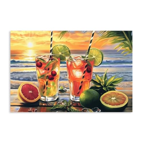 BJYCHG Kitchen Wall Art Sunset Beach Canvas Tropical Fruit Drink