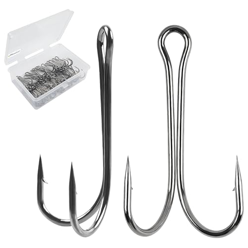OROOTL Double Fishing Hooks, 50pcs Classic Frog Hooks High Carbon Steel Double Hook Fishing Barbed Open Shank for Saltwater Freshwater, 1#