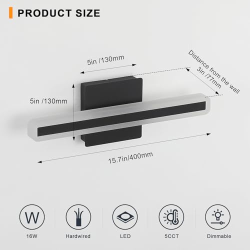 Image of LED Modern Bathroom Vanity Light 15.7 inch 16W Dimmable 5CCT Led Bathroom Light Fixture Over Mirror, Black Bar for Mirror Restroom-ETL Certificated