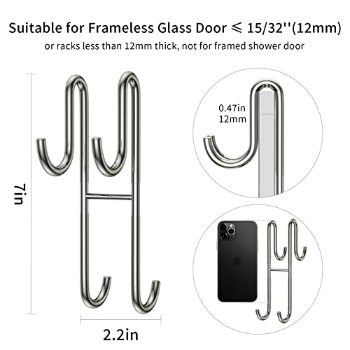Over Shower Glass Door Hook, 2 Pack Silver 304 Stainless Steel Extended Shower Door Hooks, Bathroom Frameless Drilling-Free Hanger, Double Side Towel Hooks, For Bathing Suits, Robe, Loofah, Shaver #TOP1