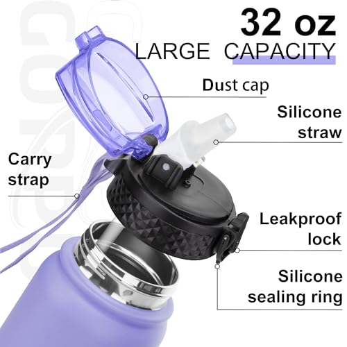 GOPPUS 1L/32oz Stainless Water Bottle with Straw Double Wall Insulated Bottles with Strap Reusable Vacuum Thermal Flask Leakproof Keep Cold Drinks Bottles with Flip Top Lid for Gym Men Women BPA Free - Image 3