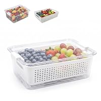 OCEANO Contenitore per Alimenti con Scolapasta Integrato Scatola Salva Freschezza per Frigorifero Organizer Frigo Trasparente con Cestello Estraibile per Frutta Verdura 31x20.5x10.5cm