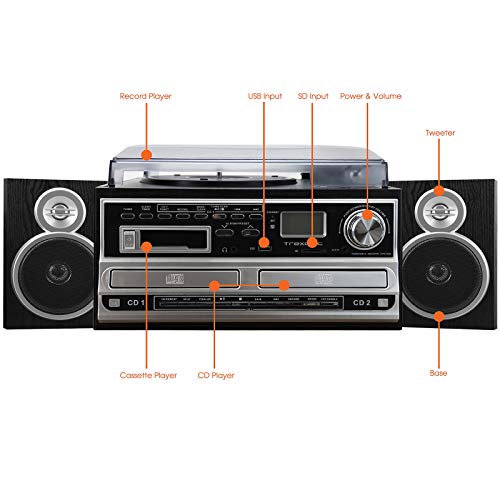 Trexonic 3-Speed Turntable with CD Player, CD Recorder, Cassette Player, Wired Shelf Speakers, Fm Radio & CD/USB/SD Recording
