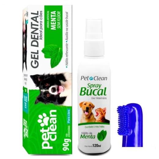 Pet Clean Kit Higiene Bucal para Cães e Gatos, Gel Dental 90g, Spray Bucal de Menta 120ml, Escova Dedeira