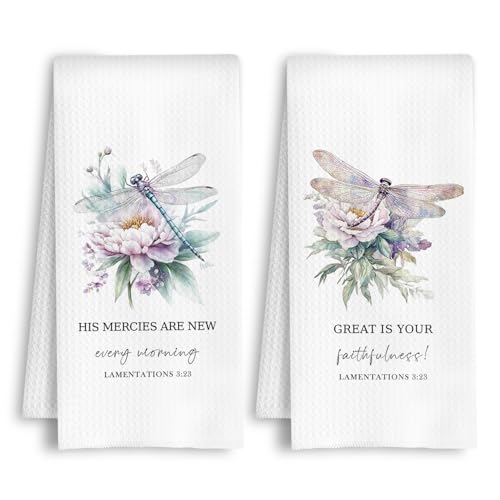HSIASHENG Floral Dragonfly Christian Kitchen Towels, Lamentations 3:23 Bible Verse Dish Tea Towels, Religious Faith Gifts Decorative Hand Towel for Bathroom Kitchen, 16x24 Inch Set of 2