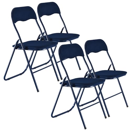 URBNLIVING Set of 4 x Folding Dining Office Multi Purpose Industrial Padded Chairs Heavy Duty Premium Quality Metal Frame, PVC, Velvet, Ribcord, Cushioned Seats (Blue Ribcord)