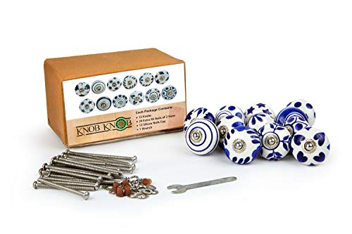 Knobknob Set Of 12 Handmade Ceramic Knobs | 3 Colour Design Ceramic Cabinet Knobs | Drawer Pulls For Home, Kitchen, Bathroom Or Office | Drawer Knobs Comes With Wrench, Screw Cap & Extra Screws (Blue) #TOP7
