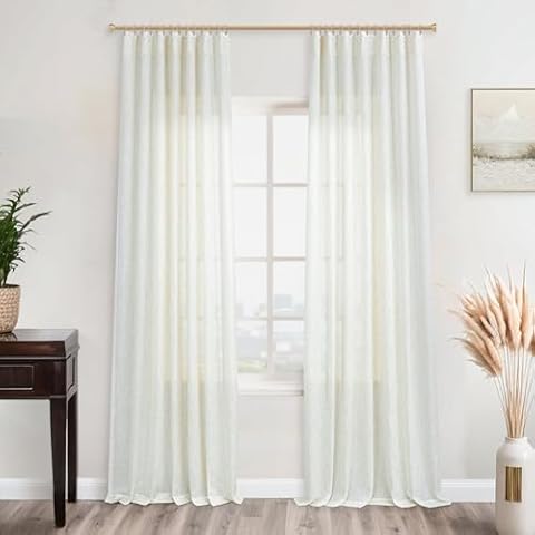 KOUFALL 96 Inch Curtains 2 Panel Set,Light Filtering Linen Semi Sheer Floor to Ceiling Curtains 96 Inches Long for Bedroom Living Room,Cream Ivory Cover