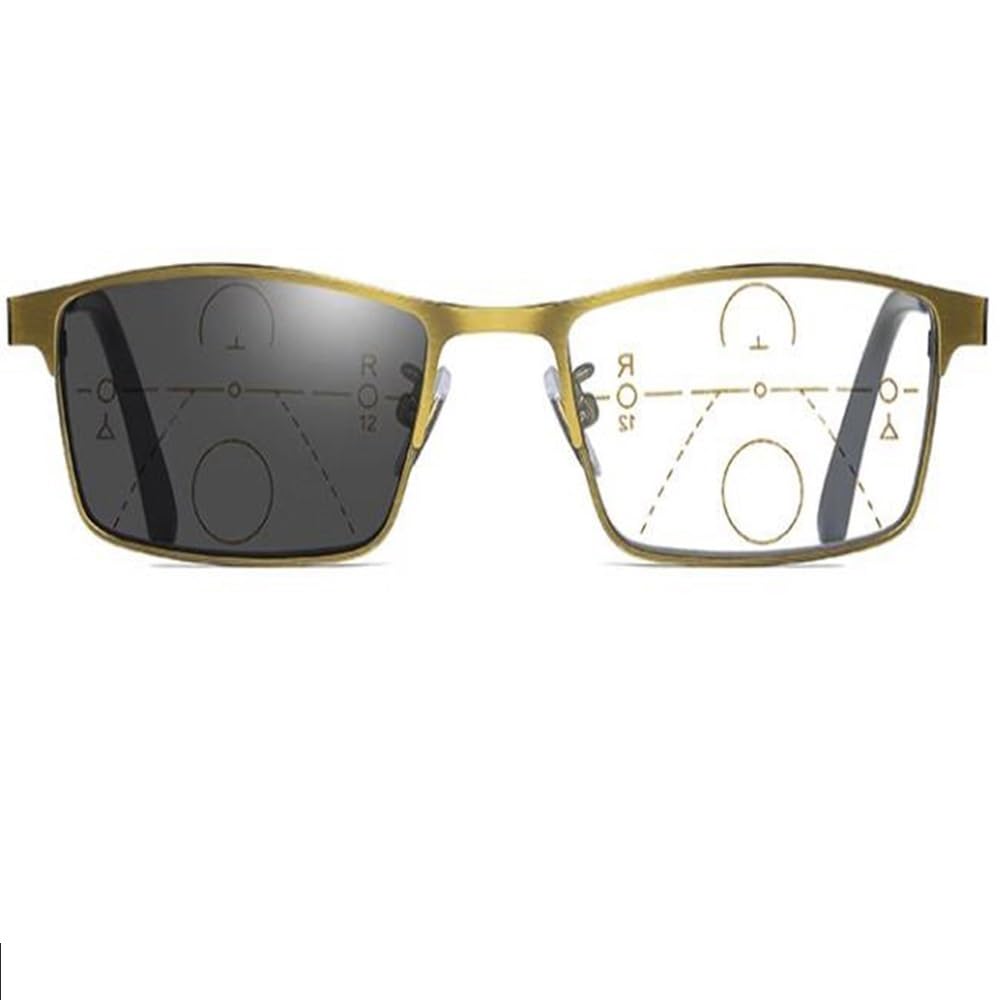 Tajmdgw Men's Metallic +1.5 Multifocus Reading Glasses For Transition Photochromic Sun Reader, Rectangle Metal Half Frame Eyeglasses