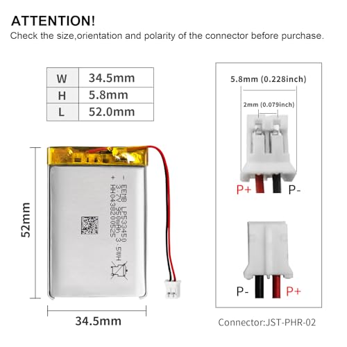 EEMB Lithium Polymer Battery 3.7V 950mAh 533450 Lipo Rechargeable Battery with Wire JST 2.0mm Connector for Speaker and Wireless Device- Confirm Device & Connector Polarity Before Purchase - Thumbnail 3