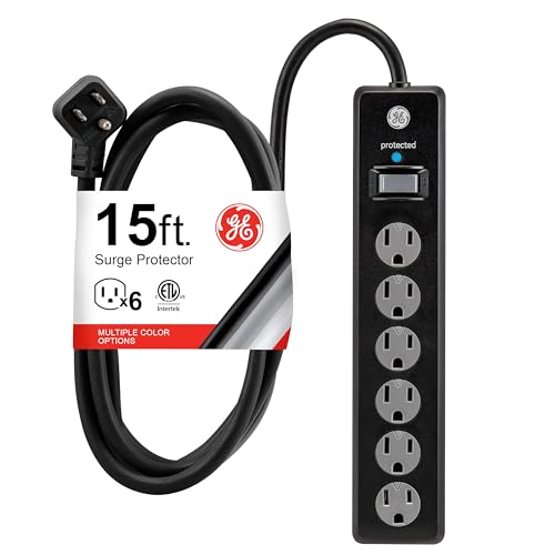GE 6-Outlet Surge Protector, 15 Ft Extension Cord, Power Strip, 800 Joules, Flat Plug, Twist-to-Close Safety Covers, Protected Indicator Light, UL Listed, Black, 50767