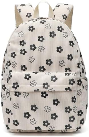 Kawaii Corduroy Backpack for Women Cute Floral Print Aesthetic Travel Book Bag Coquette Preppy College Laptop Daypack (Black Flower)