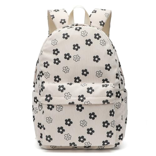 MININAI Kawaii Corduroy Backpack for Women Cute Floral Print Aesthetic Travel Book Bag Coquette Preppy College Laptop Daypack (Black Flower)