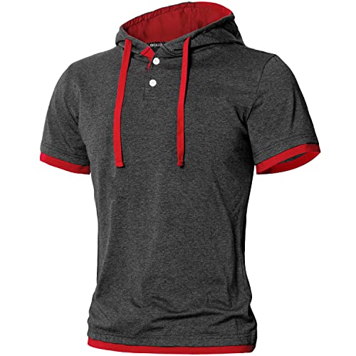 Hhgked Men's Short Sleeve Hoodie Fashion Cotton Athletic Hooded T-Shirts Dark Grey #TOP1