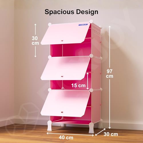 Image of BOXJOY 6 Shelf Shoe Rack with 3 Doors, Magnets, 5 Hook Steel Holder & Wooden Hammer for Home Storage PP Plastic Organizer with Metal Door Frame to Cover Chappal Slipper Sandals Shoes Box Stand (Pink)