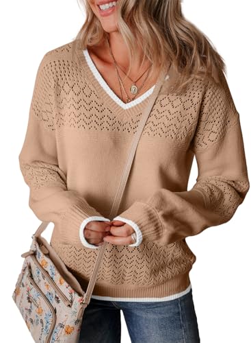 Image of SHEWIN Women's Sweaters Casual Long Sleeve V Neck Crewneck Lightweight Crochet Pullover Sweater Tops
