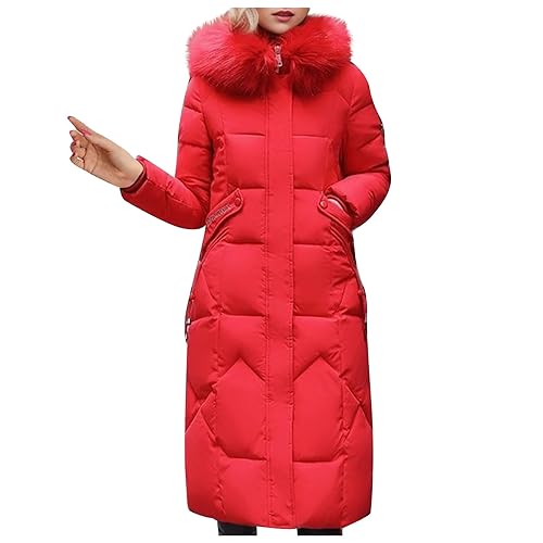 Image of KUIH Womens Long Winter Coat Full Length Maxi Puffer Jacket with Fur Hood Slim Fit Quilted Padded Coat Plus Size Thick Winter Warm Padded Hooded Tops Ladies Longline Coats Essentials Winter Clothes