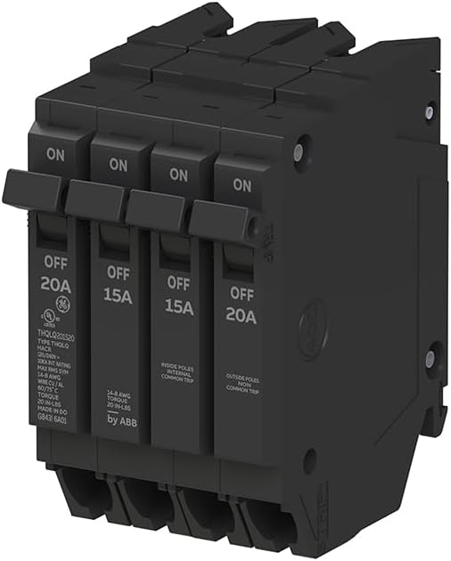 ABB Q-Line® THQLQ201520 Quad Circuit Breaker • 20A/1P & 15A/2P & 20A/1P Configuration • 120/240 VAC, 10 kAIC • Thermal Magnetic Trip • Space-Saving Plug-in Mount Type