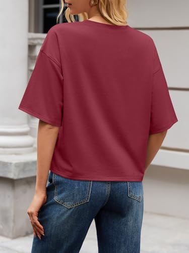 UNCLECAT Womens Oversized T Shirts Summer Short Sleeve Cropped Tops Workout Crewneck Causal Tee Burgundy — view 3