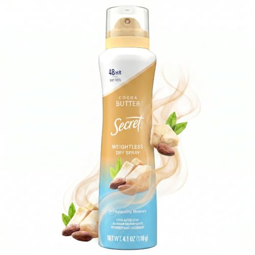 Secret Dry Spray Antiperspirant Deodorant for Women 48hr Weightless Sweat & Odor Protection Gentle on Skin Cocoa Butter Scent 4.1 oz