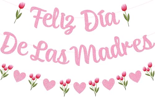 Feliz Dia De Las Madres Decorations Pink Glitter Feliz Dia De Las Madres Banner Mothers Day Feliz Dia Mama Party Fireplace Mantle Decorations Supplies